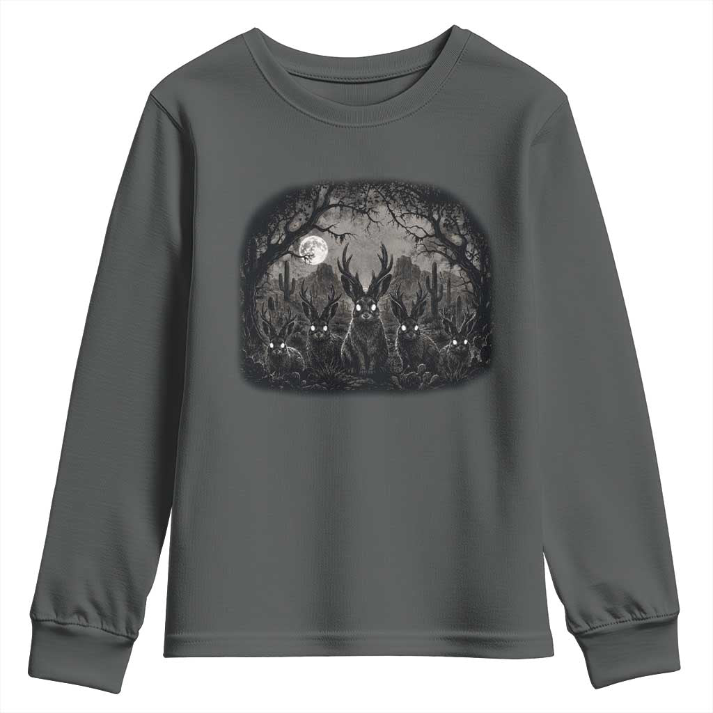 Gothic Jackalope Youth Sweatshirt Monochromatic Dark Fantasy Cryptid Horned Rabbit