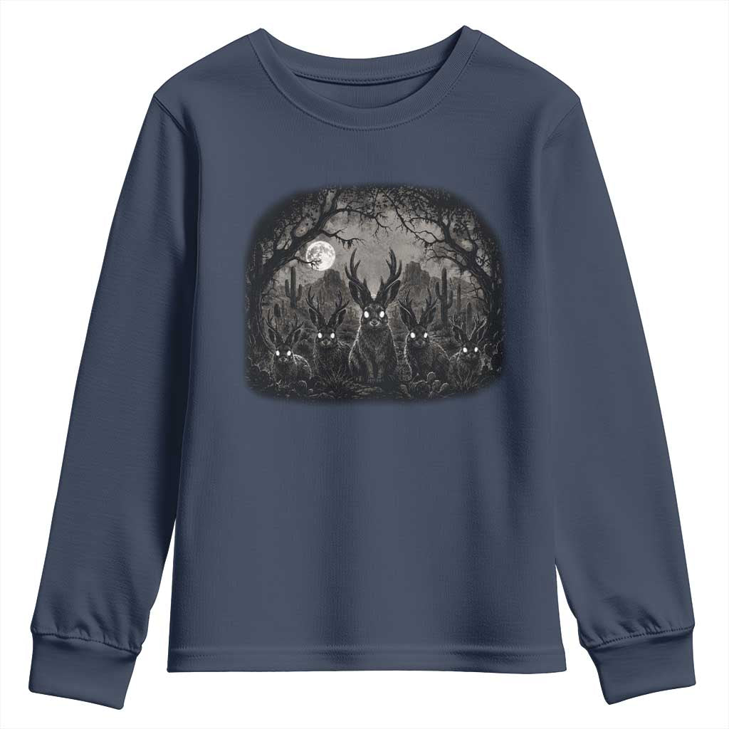 Gothic Jackalope Youth Sweatshirt Monochromatic Dark Fantasy Cryptid Horned Rabbit