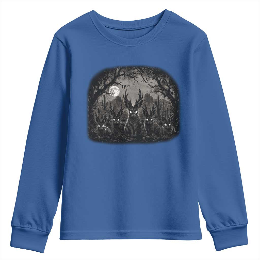 Gothic Jackalope Youth Sweatshirt Monochromatic Dark Fantasy Cryptid Horned Rabbit