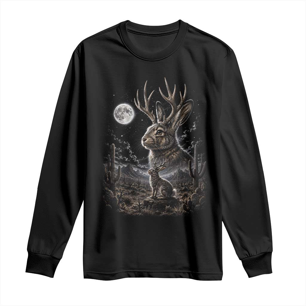 Mystical Jackalope Full Moon 90s Retro Long Sleeve Shirt Desert Cactus Cryptid Horned Rabbit Aesthetic Vintage Nature Graphic