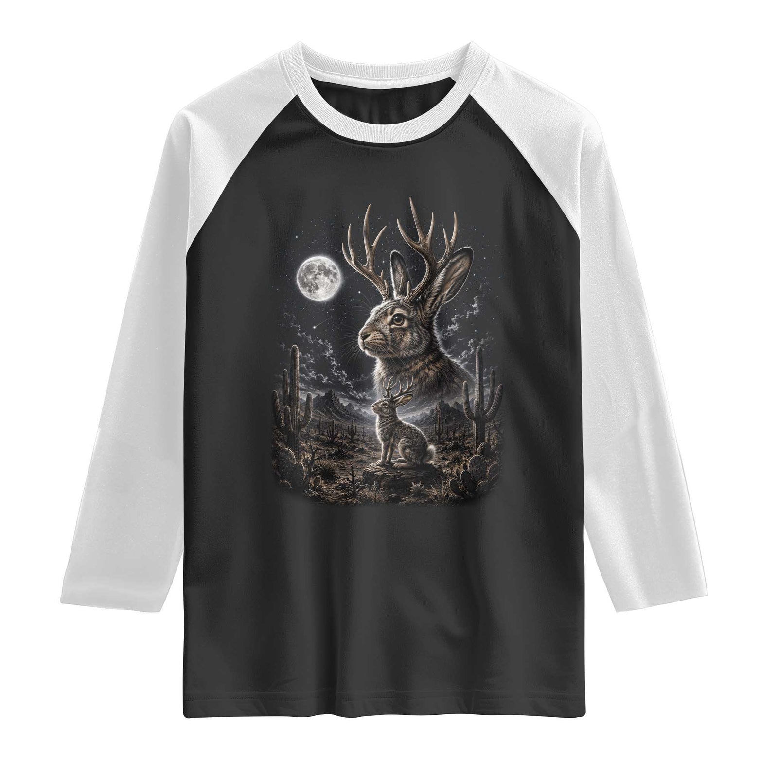 Mystical Jackalope Full Moon 90s Retro Raglan Shirt Desert Cactus Cryptid Horned Rabbit Aesthetic Vintage Nature Graphic