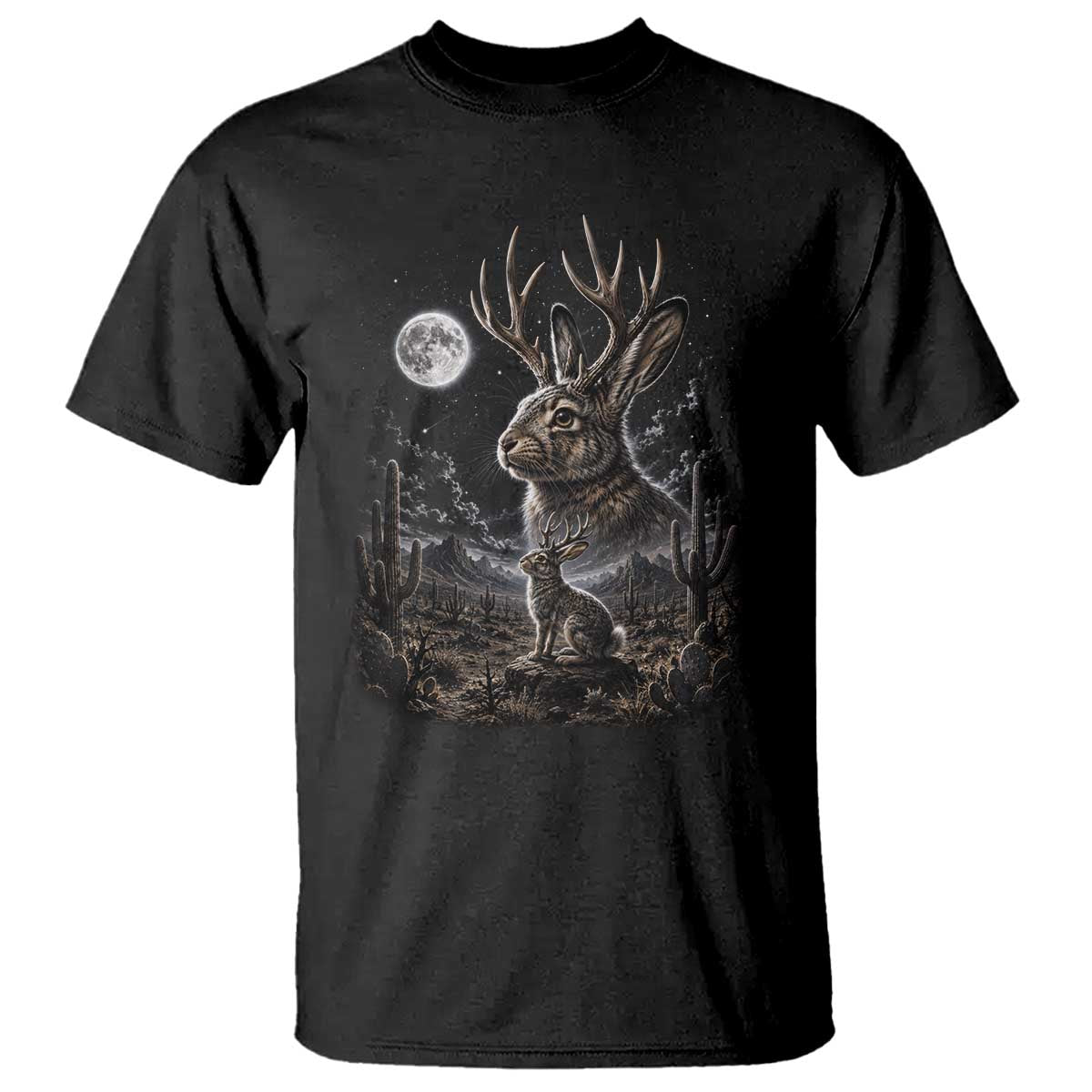 Mystical Jackalope Full Moon 90s Retro T Shirt Desert Cactus Cryptid Horned Rabbit Aesthetic Vintage Nature Graphic
