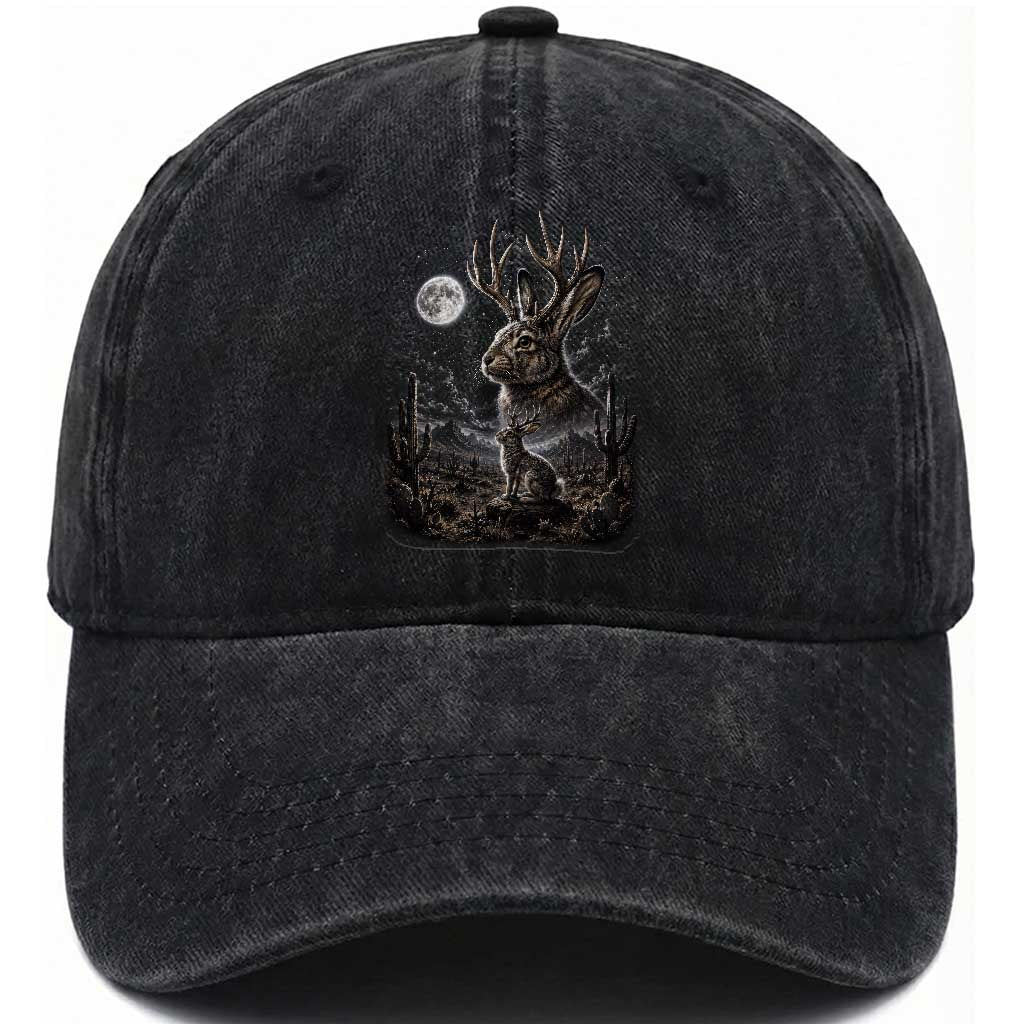 Mystical Jackalope Full Moon 90s Retro Washed Cotton Baseball Cap Desert Cactus Cryptid Horned Rabbit Aesthetic Vintage Nature Graphic