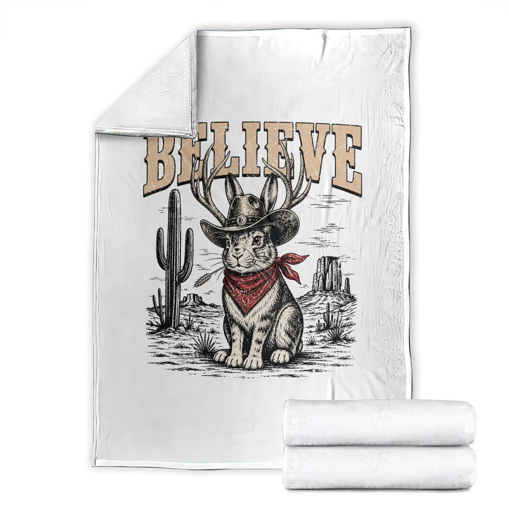 Believe Jackalope Cowboy Throw Blanket Vintage Western Cryptid Rabbit Bunny Graphic