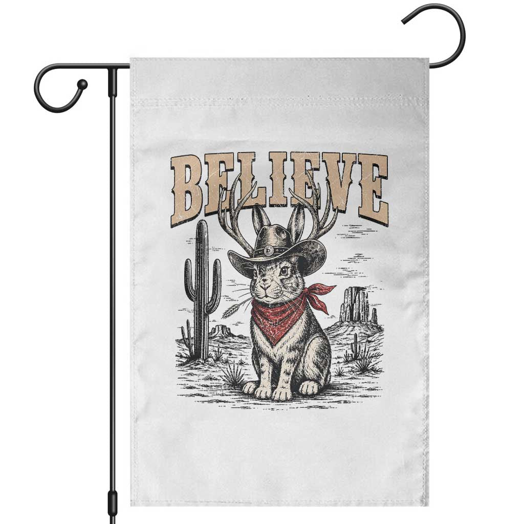 Believe Jackalope Cowboy Garden Flag Vintage Western Cryptid Rabbit Bunny Graphic