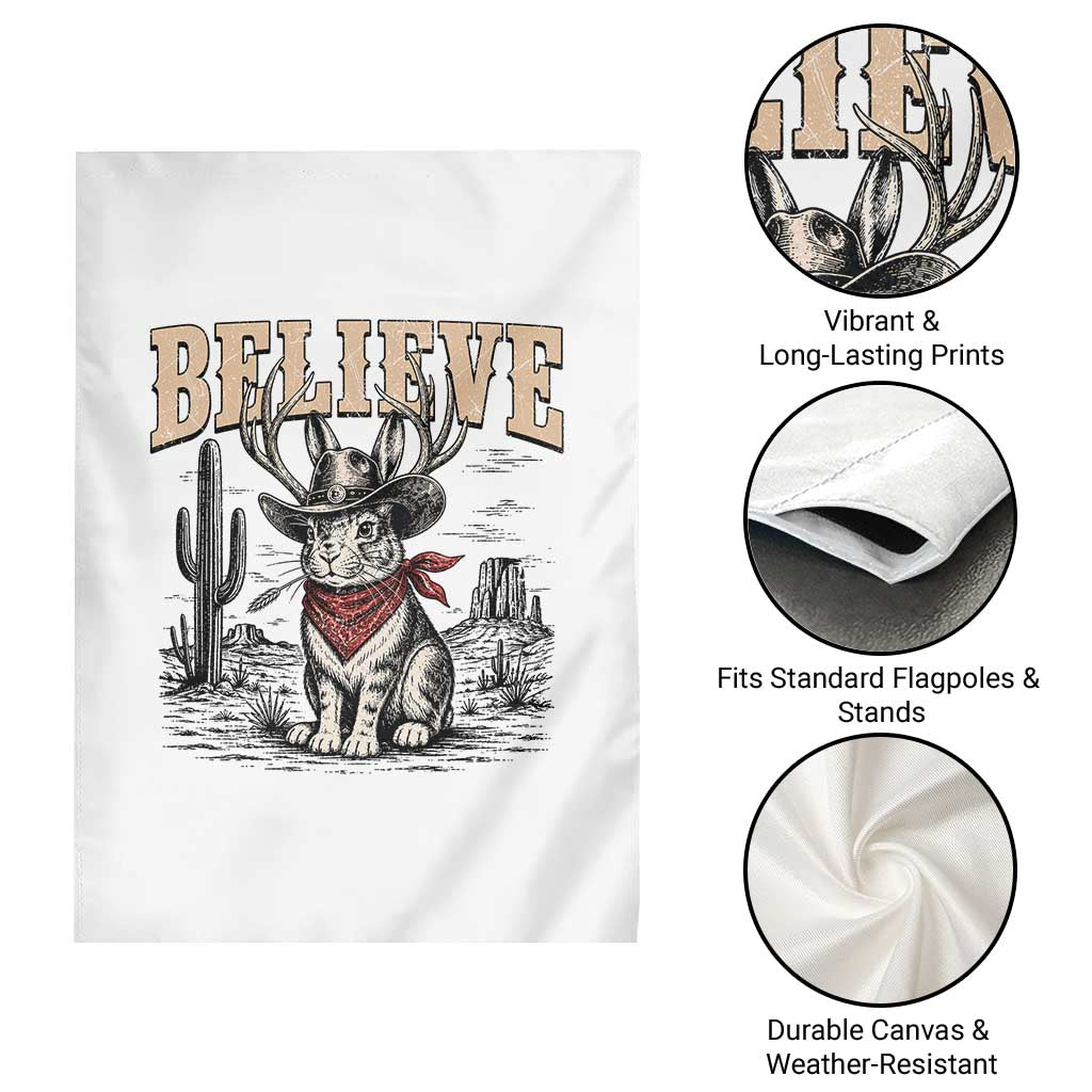 Believe Jackalope Cowboy Garden Flag Vintage Western Cryptid Rabbit Bunny Graphic