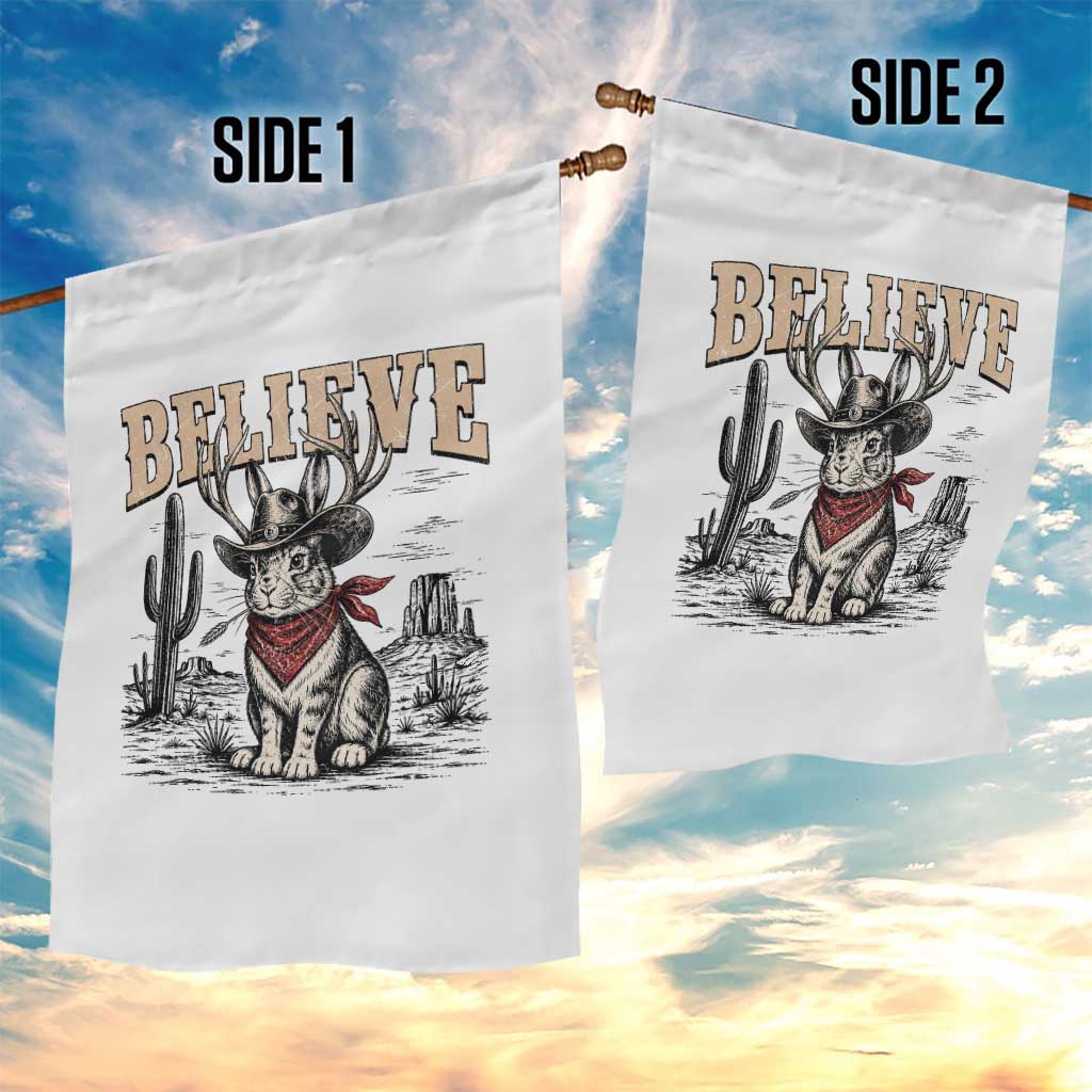 Believe Jackalope Cowboy Garden Flag Vintage Western Cryptid Rabbit Bunny Graphic