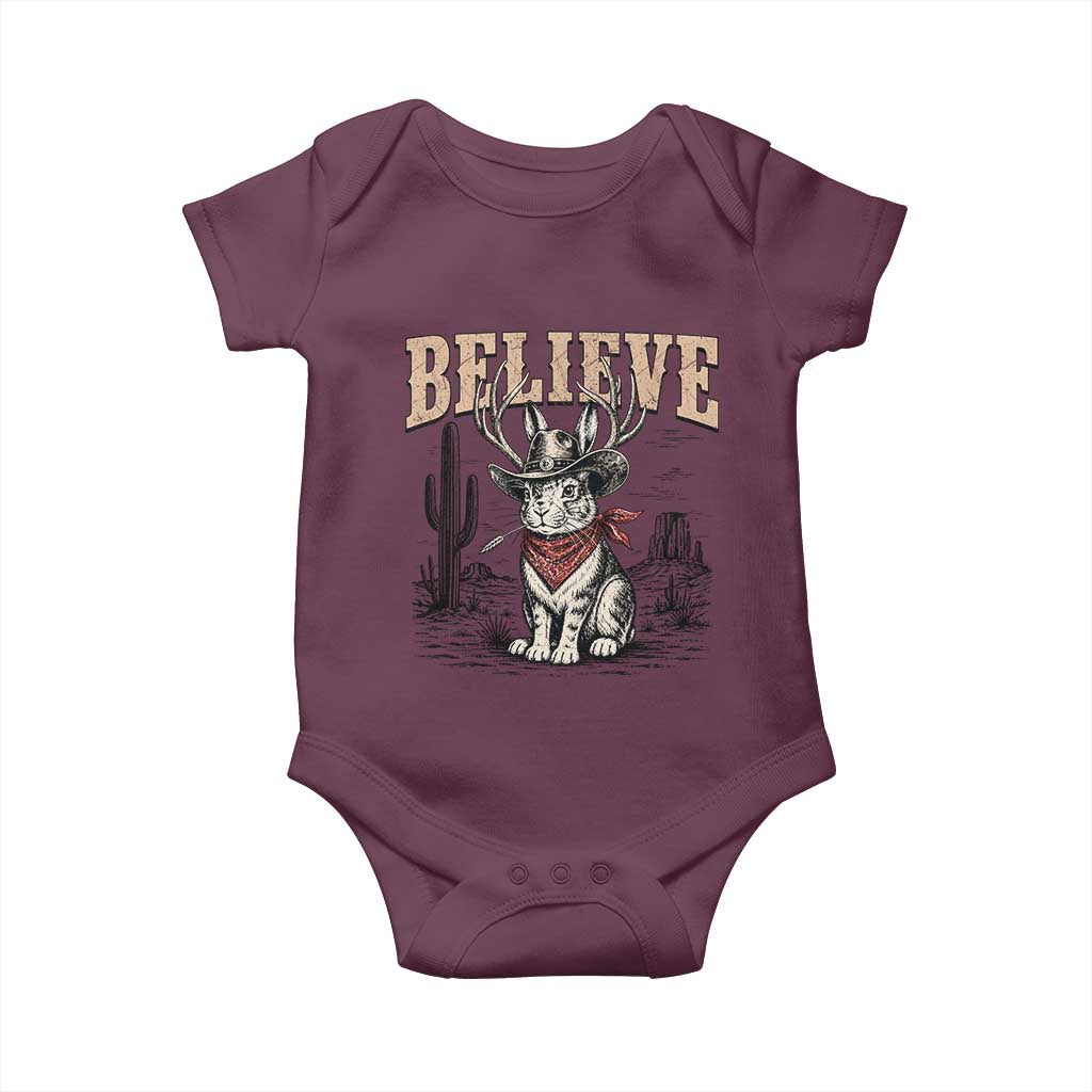 Believe Jackalope Cowboy Baby Onesie Vintage Western Cryptid Rabbit Bunny Graphic