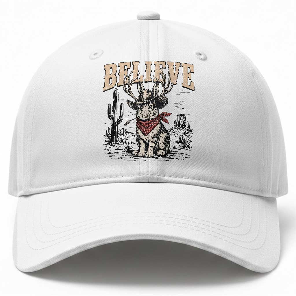 Believe Jackalope Cowboy Baseball Cap Vintage Western Cryptid Rabbit Bunny Graphic