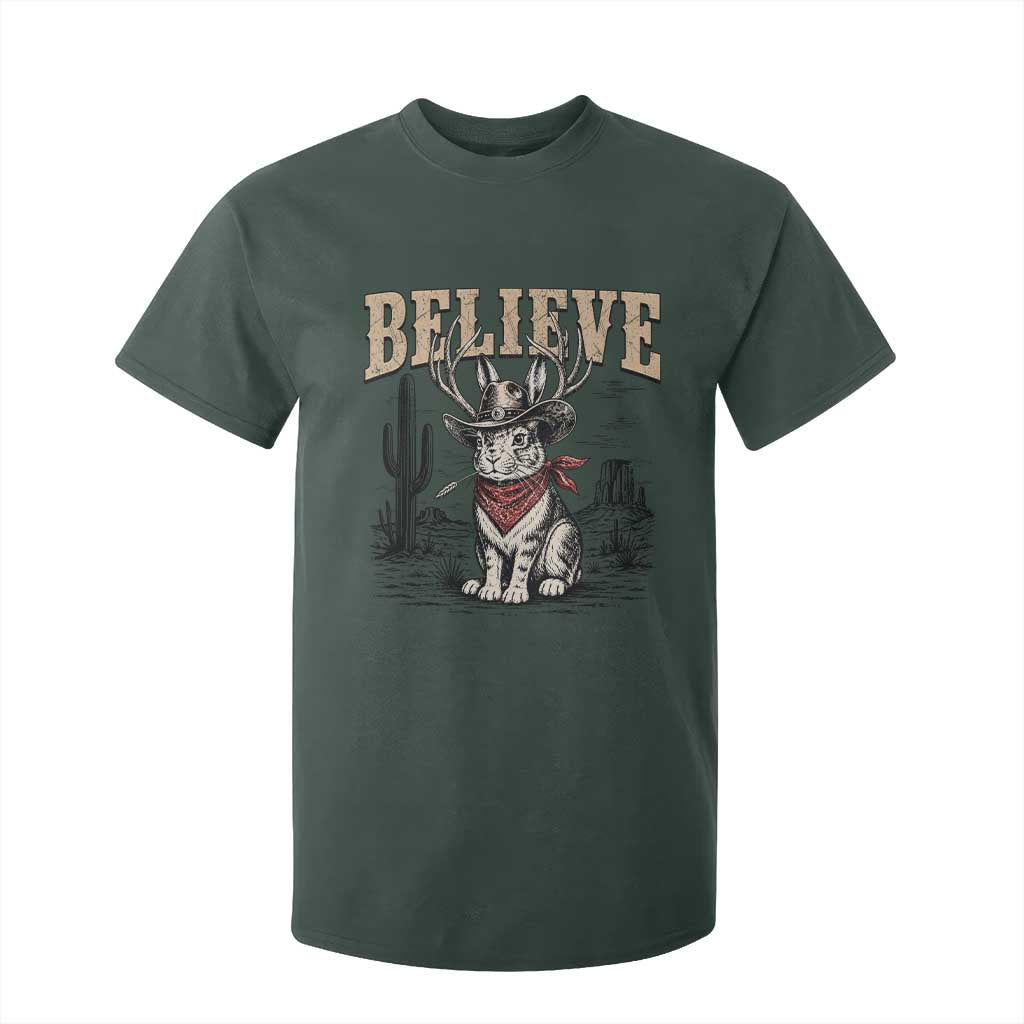 Believe Jackalope Cowboy T Shirt For Kid Vintage Western Cryptid Rabbit Bunny Graphic