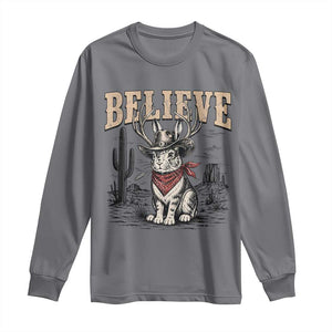 Believe Jackalope Cowboy Long Sleeve Shirt Vintage Western Cryptid Rabbit Bunny Graphic