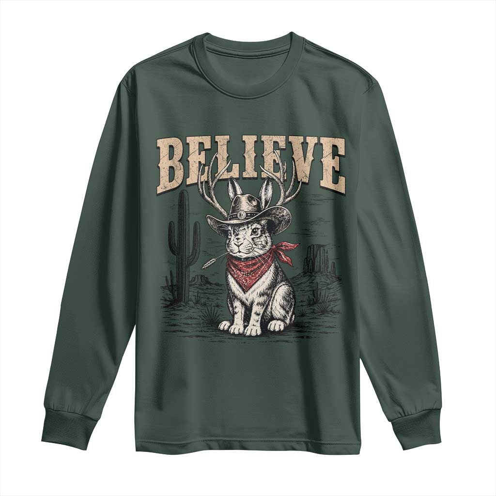 Believe Jackalope Cowboy Long Sleeve Shirt Vintage Western Cryptid Rabbit Bunny Graphic