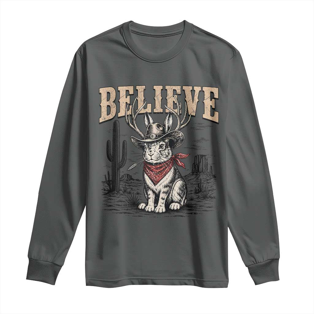 Believe Jackalope Cowboy Long Sleeve Shirt Vintage Western Cryptid Rabbit Bunny Graphic