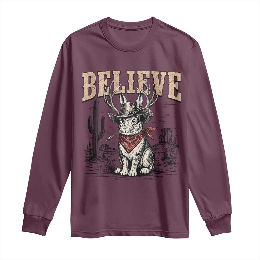 Believe Jackalope Cowboy Long Sleeve Shirt Vintage Western Cryptid Rabbit Bunny Graphic