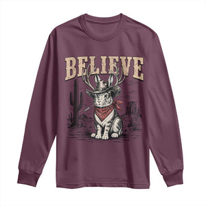 Believe Jackalope Cowboy Long Sleeve Shirt Vintage Western Cryptid Rabbit Bunny Graphic