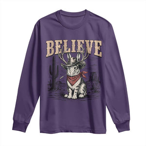 Believe Jackalope Cowboy Long Sleeve Shirt Vintage Western Cryptid Rabbit Bunny Graphic