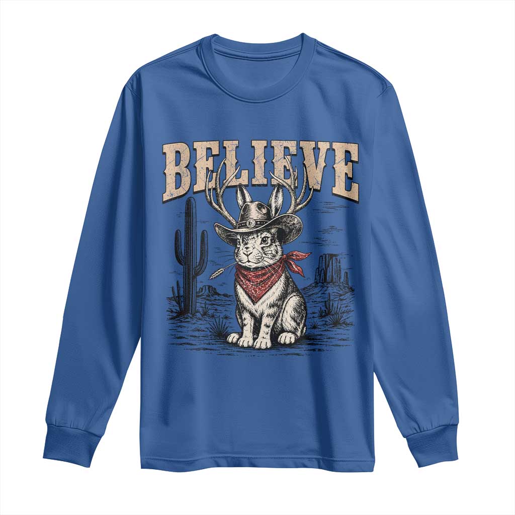 Believe Jackalope Cowboy Long Sleeve Shirt Vintage Western Cryptid Rabbit Bunny Graphic