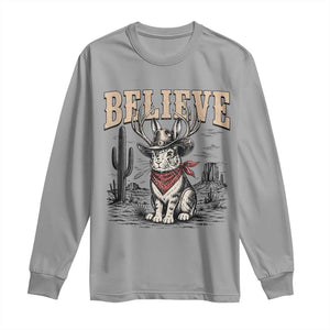Believe Jackalope Cowboy Long Sleeve Shirt Vintage Western Cryptid Rabbit Bunny Graphic