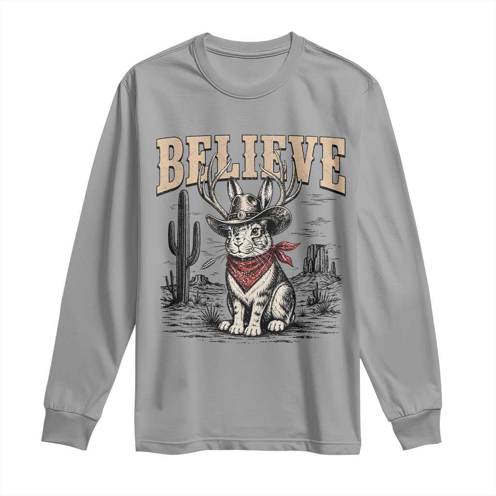Believe Jackalope Cowboy Long Sleeve Shirt Vintage Western Cryptid Rabbit Bunny Graphic