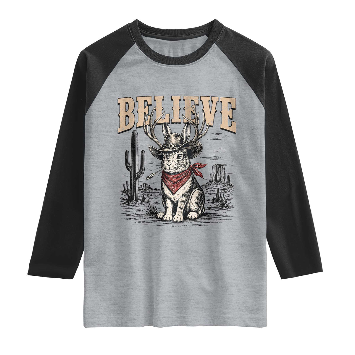 Believe Jackalope Cowboy Raglan Shirt Vintage Western Cryptid Rabbit Bunny Graphic