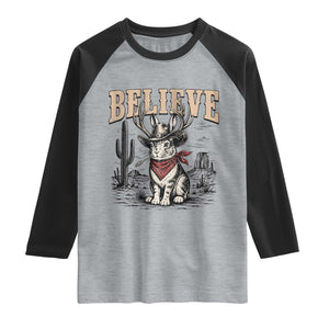 Believe Jackalope Cowboy Raglan Shirt Vintage Western Cryptid Rabbit Bunny Graphic