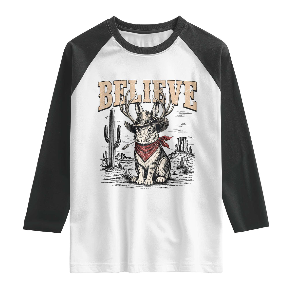 Believe Jackalope Cowboy Raglan Shirt Vintage Western Cryptid Rabbit Bunny Graphic