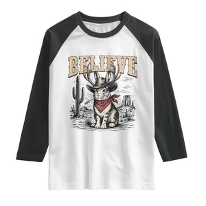Believe Jackalope Cowboy Raglan Shirt Vintage Western Cryptid Rabbit Bunny Graphic