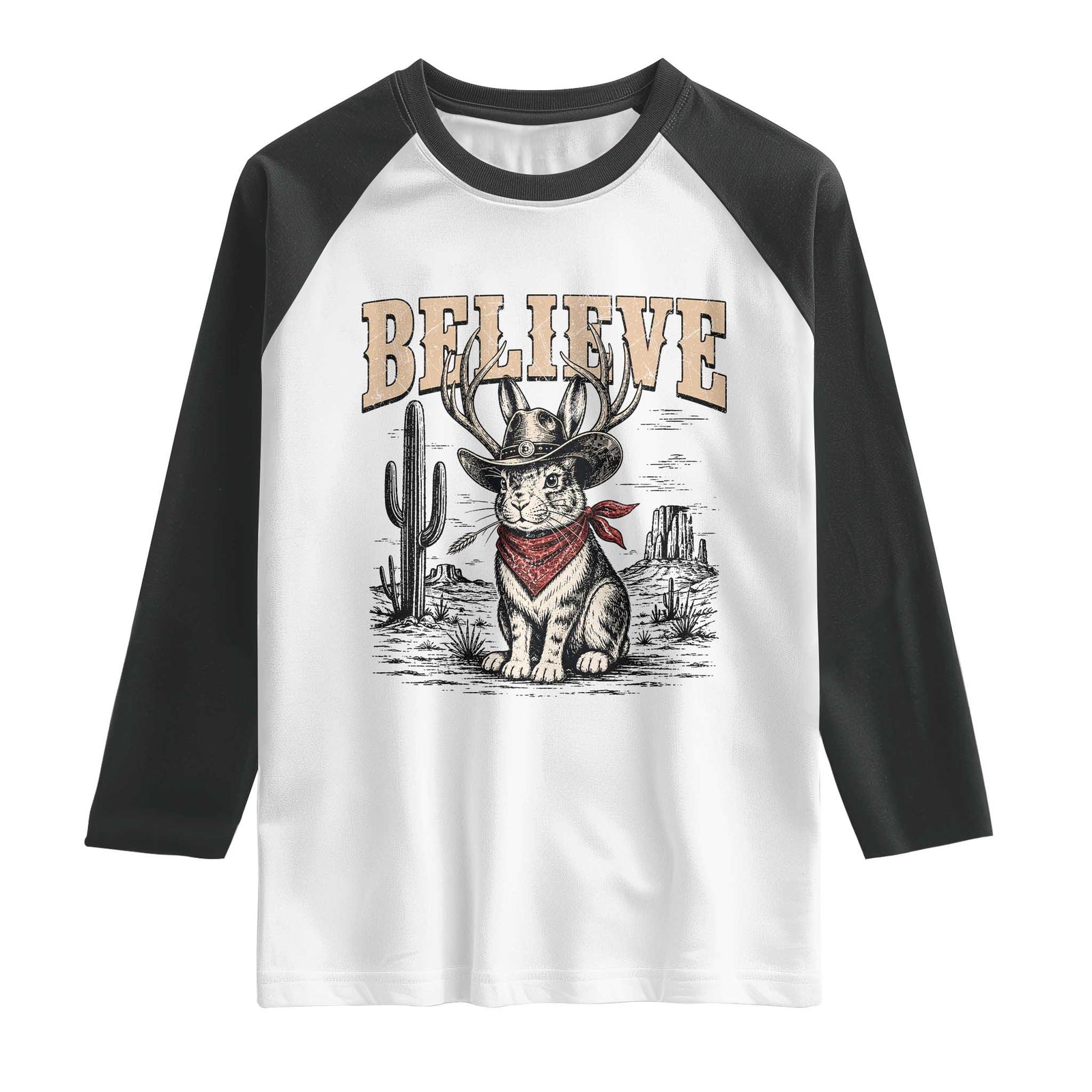 Believe Jackalope Cowboy Raglan Shirt Vintage Western Cryptid Rabbit Bunny Graphic