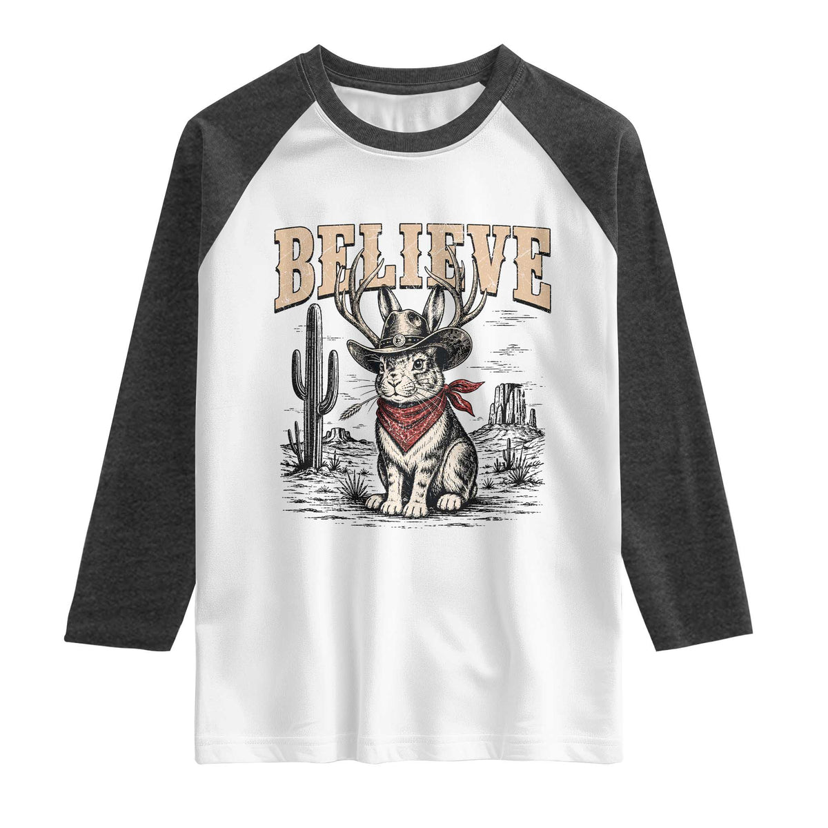 Believe Jackalope Cowboy Raglan Shirt Vintage Western Cryptid Rabbit Bunny Graphic