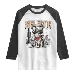 Believe Jackalope Cowboy Raglan Shirt Vintage Western Cryptid Rabbit Bunny Graphic