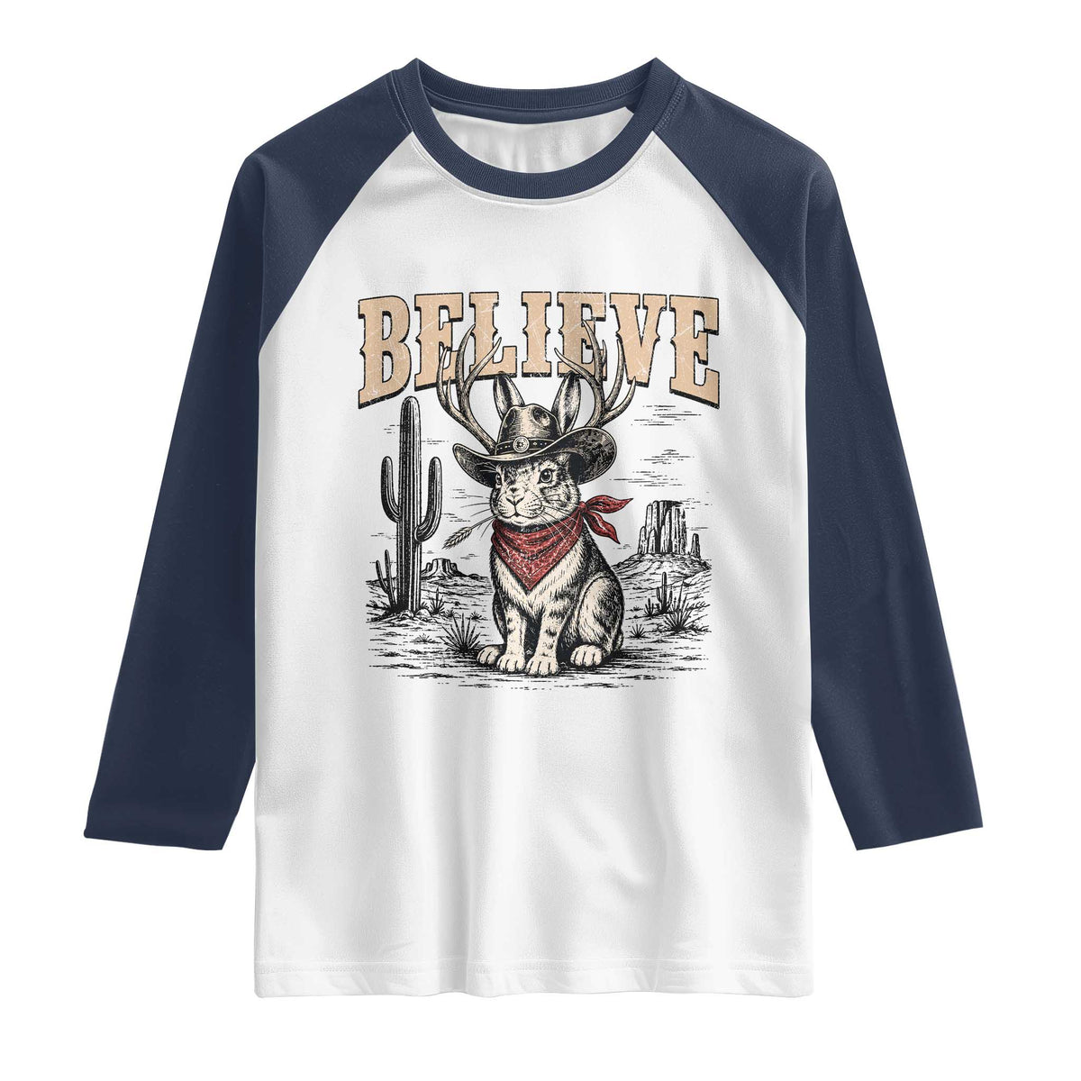 Believe Jackalope Cowboy Raglan Shirt Vintage Western Cryptid Rabbit Bunny Graphic