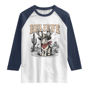 Believe Jackalope Cowboy Raglan Shirt Vintage Western Cryptid Rabbit Bunny Graphic