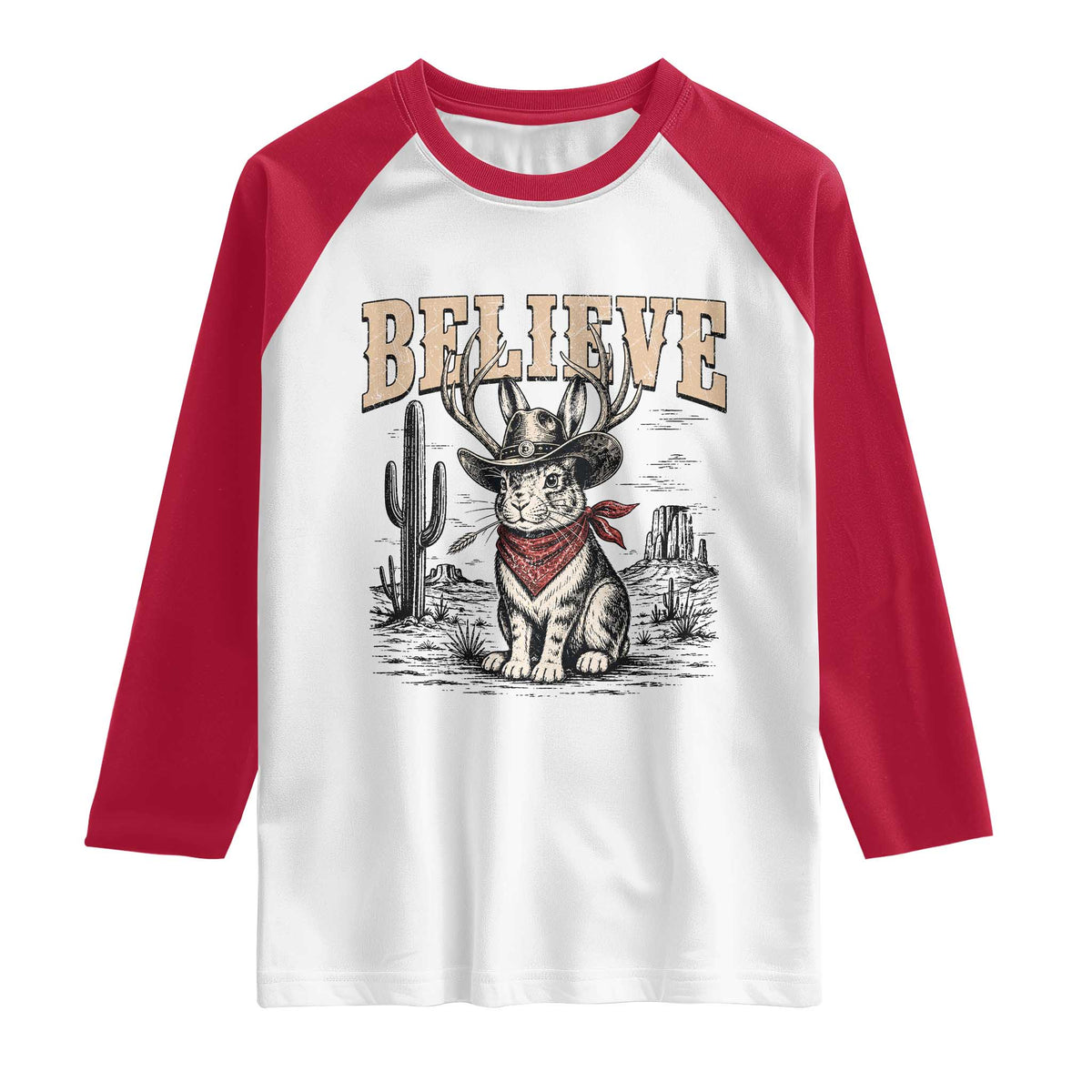 Believe Jackalope Cowboy Raglan Shirt Vintage Western Cryptid Rabbit Bunny Graphic
