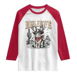 Believe Jackalope Cowboy Raglan Shirt Vintage Western Cryptid Rabbit Bunny Graphic