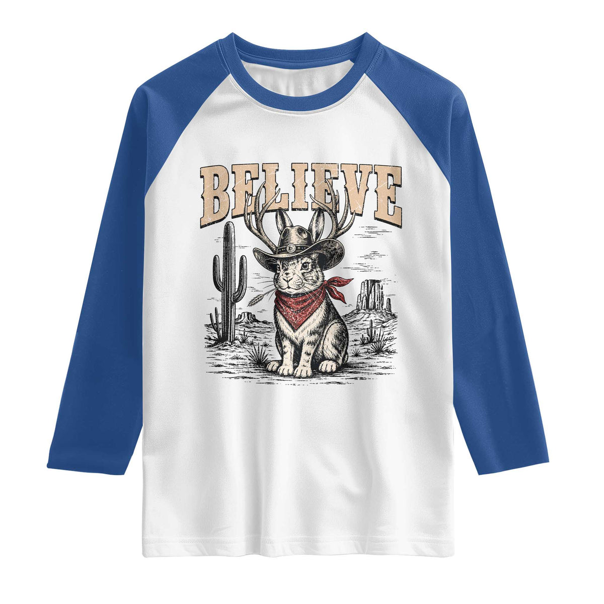 Believe Jackalope Cowboy Raglan Shirt Vintage Western Cryptid Rabbit Bunny Graphic