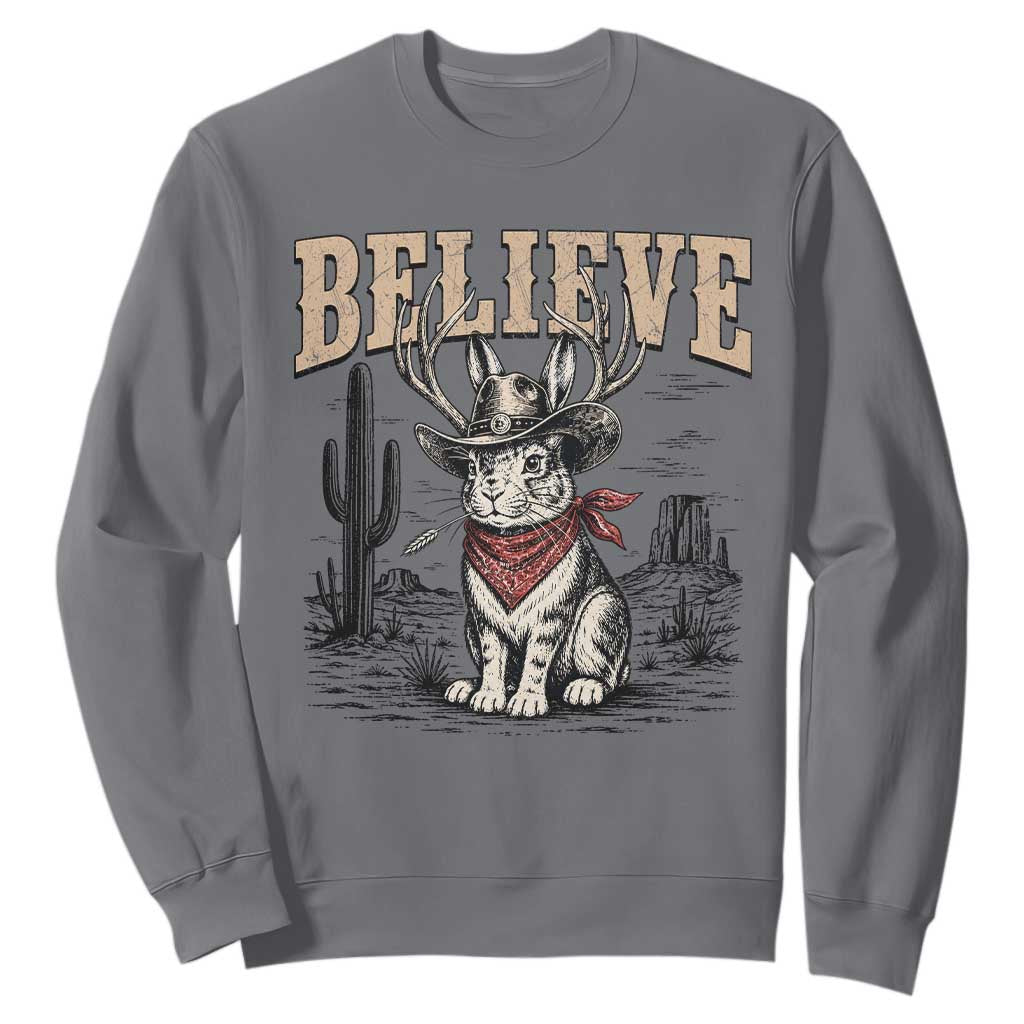 Believe Jackalope Cowboy Sweatshirt Vintage Western Cryptid Rabbit Bunny Graphic
