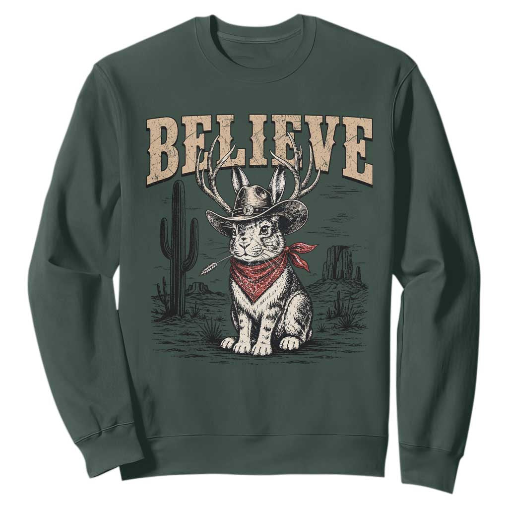Believe Jackalope Cowboy Sweatshirt Vintage Western Cryptid Rabbit Bunny Graphic