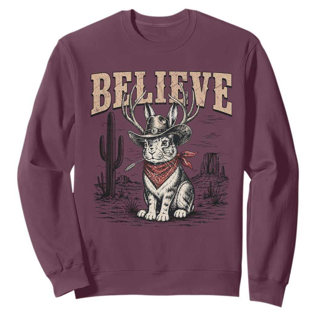 Believe Jackalope Cowboy Sweatshirt Vintage Western Cryptid Rabbit Bunny Graphic
