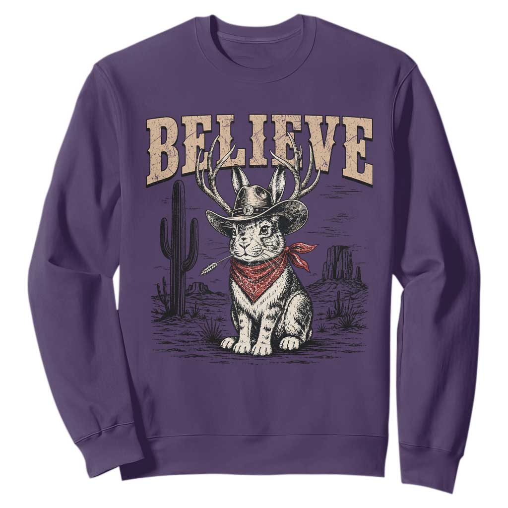 Believe Jackalope Cowboy Sweatshirt Vintage Western Cryptid Rabbit Bunny Graphic