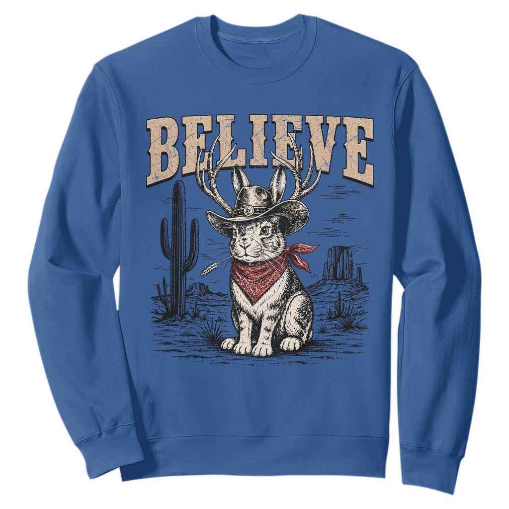 Believe Jackalope Cowboy Sweatshirt Vintage Western Cryptid Rabbit Bunny Graphic