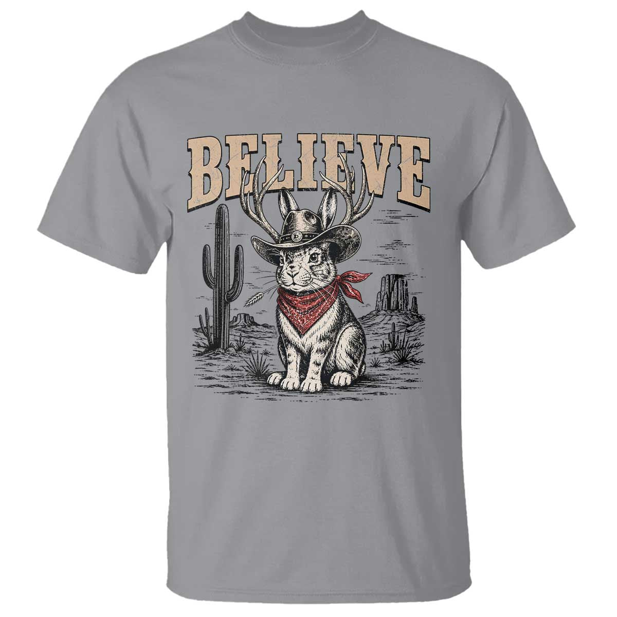 Believe Jackalope Cowboy T Shirt Vintage Western Cryptid Rabbit Bunny Graphic