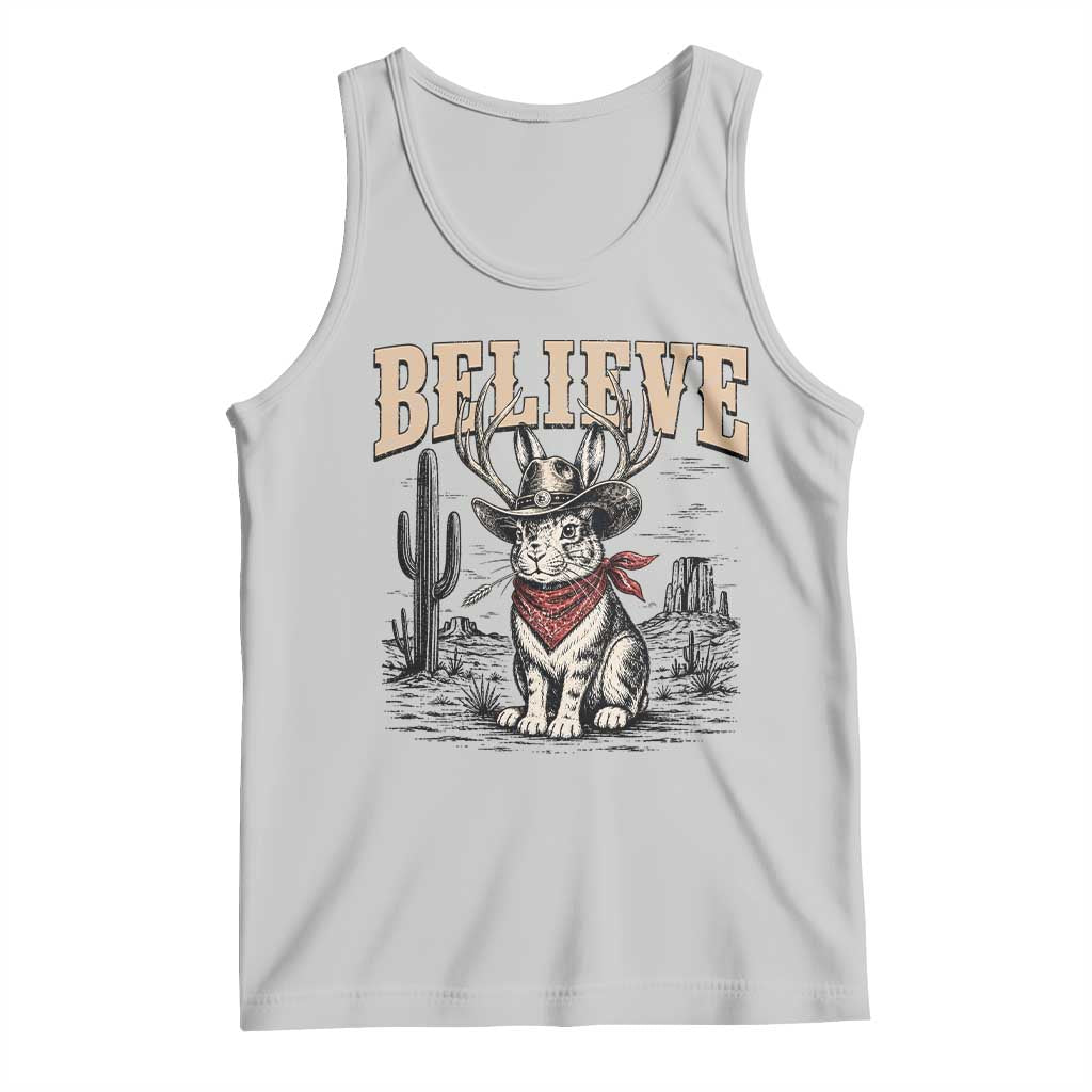 Believe Jackalope Cowboy Tank Top Vintage Western Cryptid Rabbit Bunny Graphic