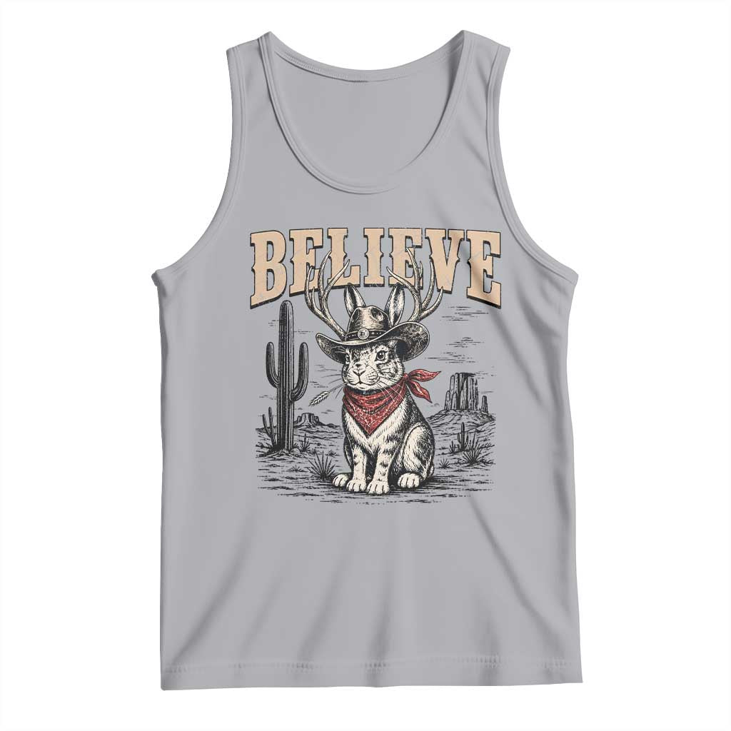 Believe Jackalope Cowboy Tank Top Vintage Western Cryptid Rabbit Bunny Graphic