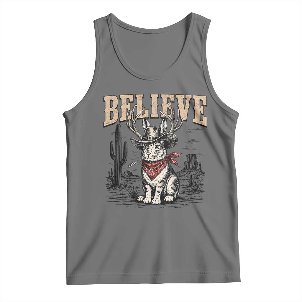 Believe Jackalope Cowboy Tank Top Vintage Western Cryptid Rabbit Bunny Graphic