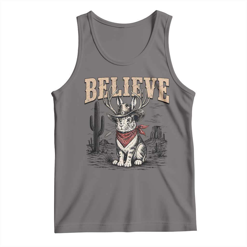 Believe Jackalope Cowboy Tank Top Vintage Western Cryptid Rabbit Bunny Graphic