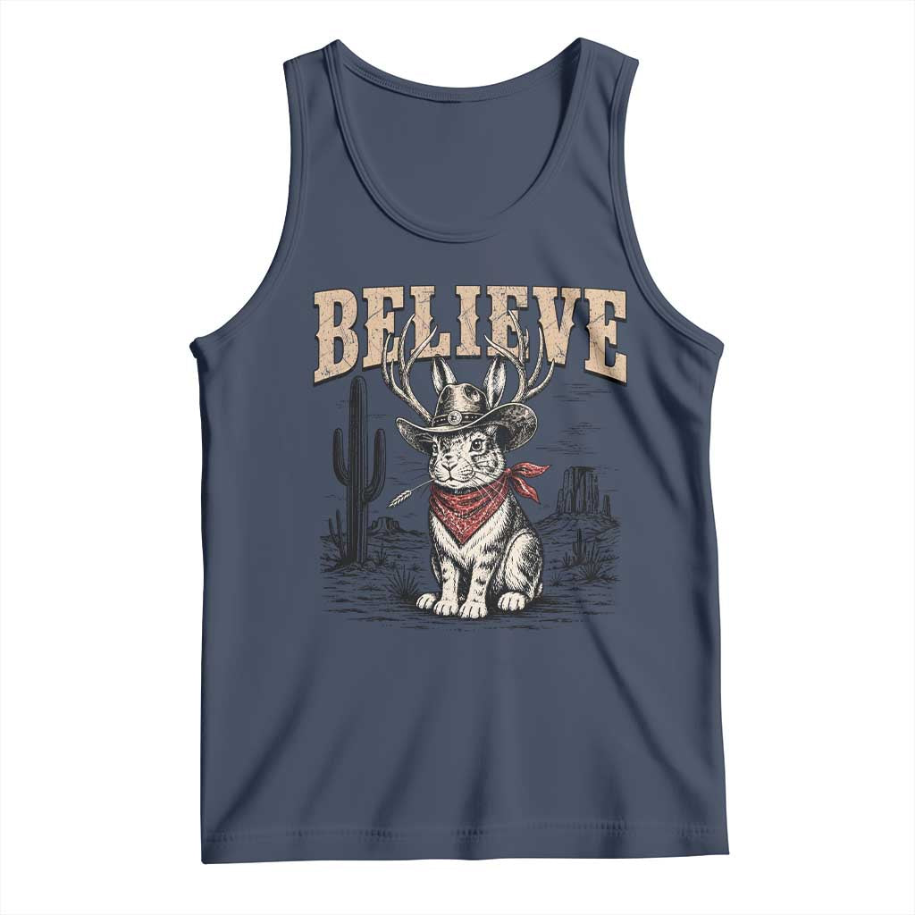 Believe Jackalope Cowboy Tank Top Vintage Western Cryptid Rabbit Bunny Graphic