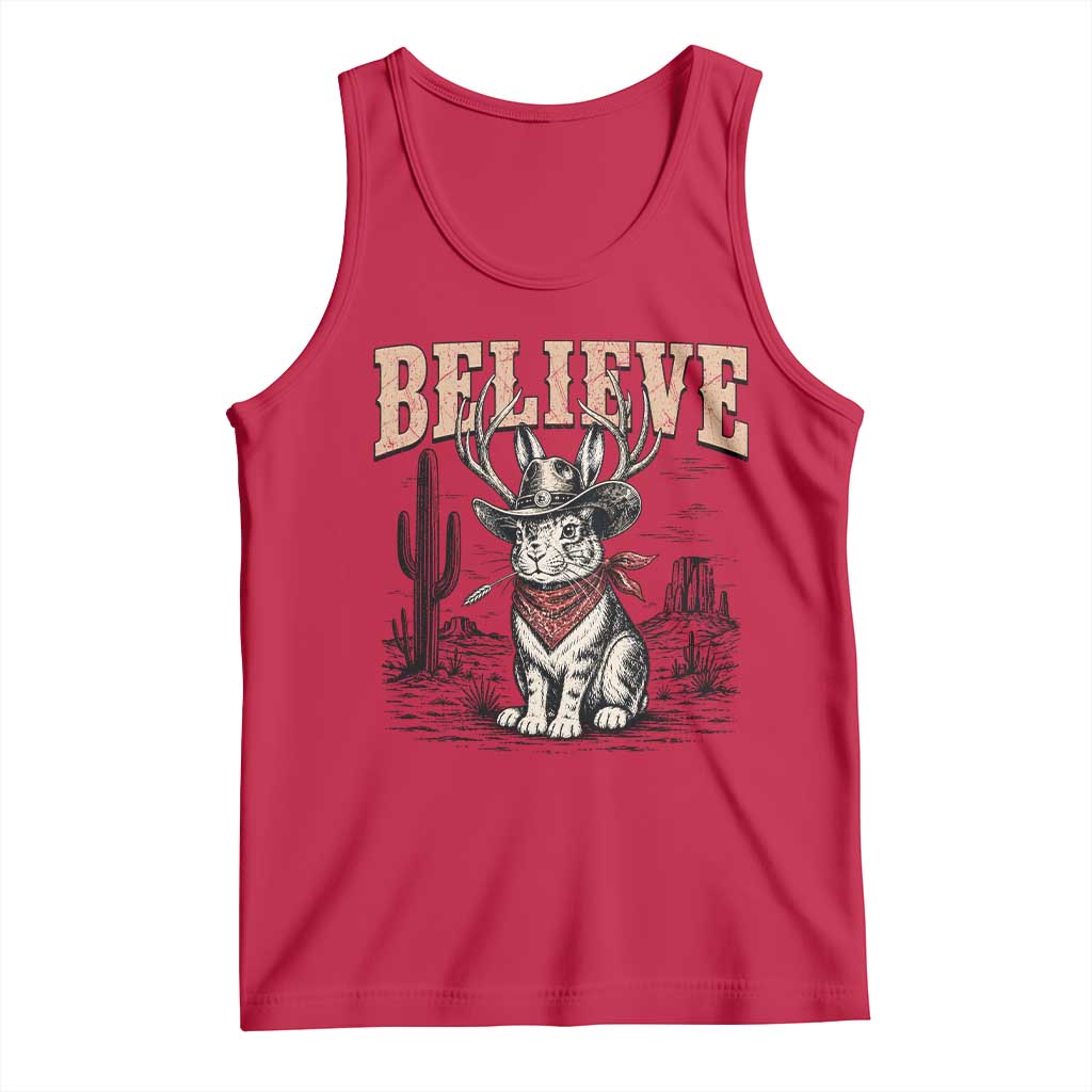 Believe Jackalope Cowboy Tank Top Vintage Western Cryptid Rabbit Bunny Graphic