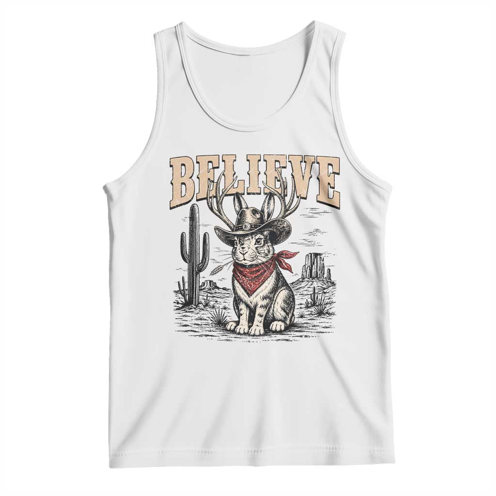 Believe Jackalope Cowboy Tank Top Vintage Western Cryptid Rabbit Bunny Graphic