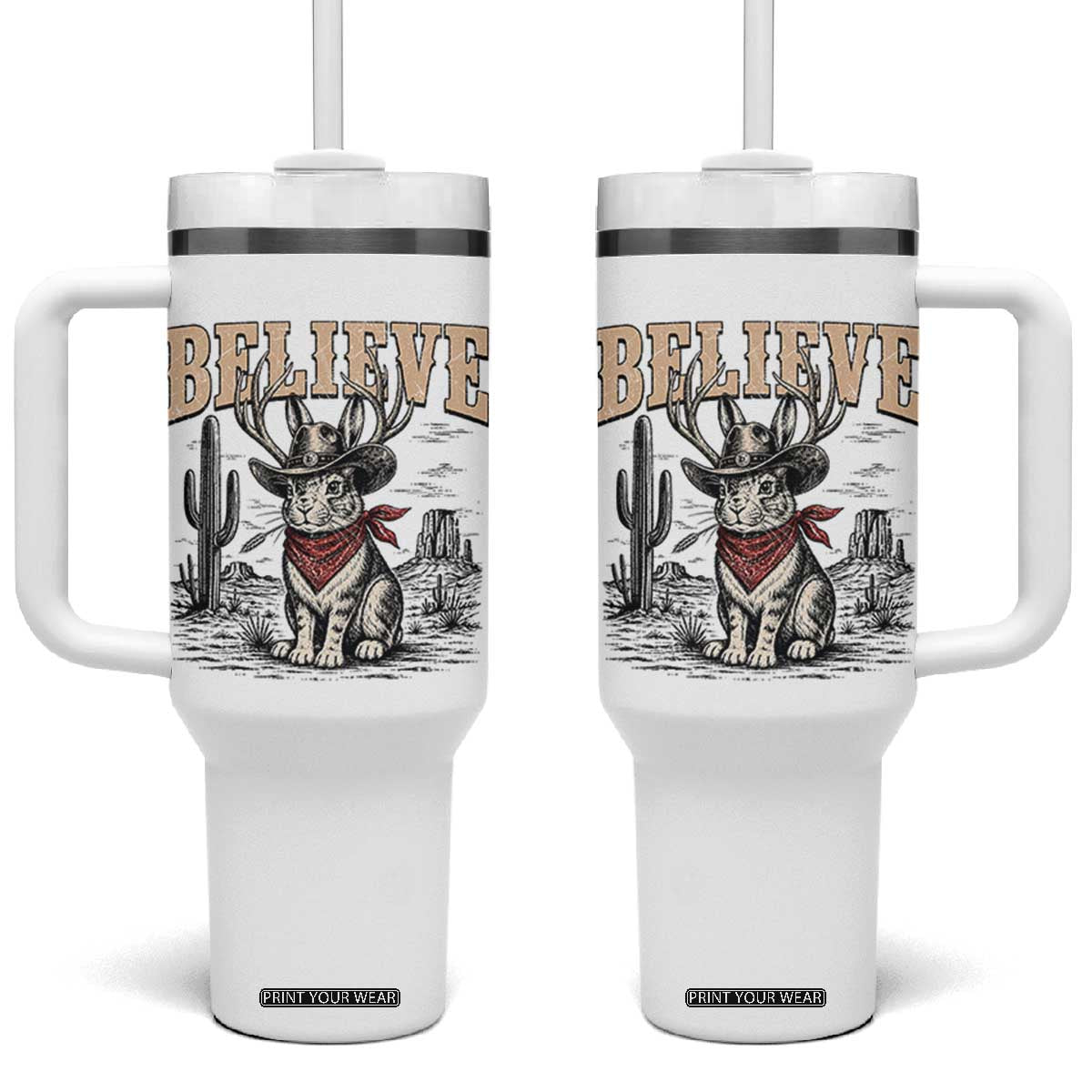 Believe Jackalope Cowboy Tumbler With Handle Vintage Western Cryptid Rabbit Bunny Graphic