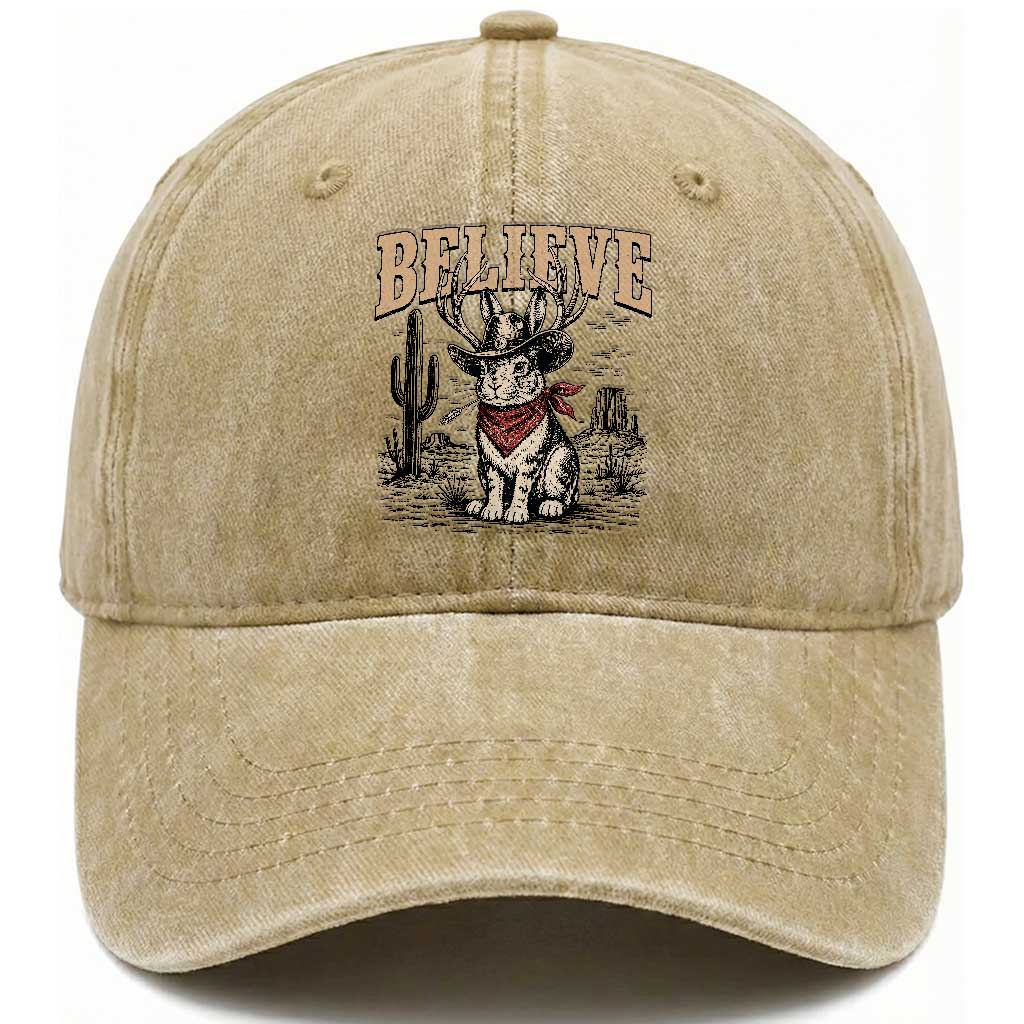 Believe Jackalope Cowboy Washed Cotton Baseball Cap Vintage Western Cryptid Rabbit Bunny Graphic